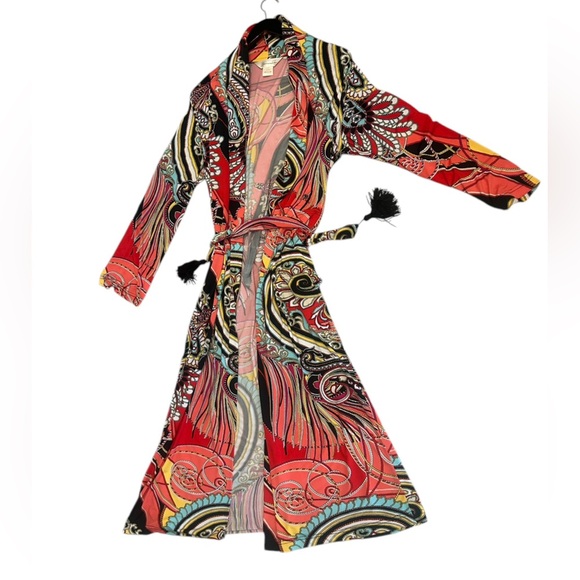Diamond Tea M EUC tasseled hidden snap vintage robe- unbelievably bright & FAB - Picture 1 of 15
